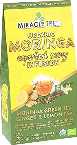 Miracle Tree's Moringa Energy Tea - Green Tea with Ginger & Lemon | Super Caffeinated Blend | Healthy Coffee Alternative, Perfect for Focus | Orga...