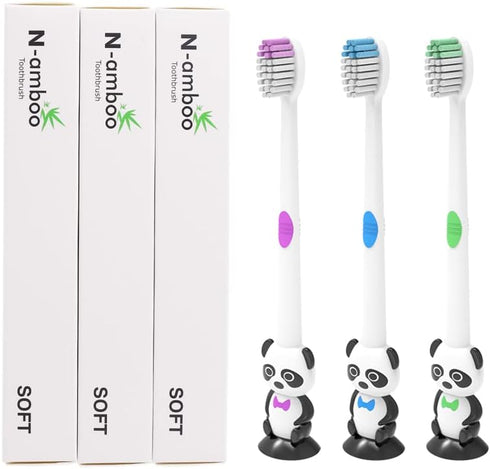 12 Pieces Kids Cartoon Panda Toothbrush Soft Bristles with Sunction Cup Individually Wrapped for Boys and Girls Toddler 3-12 Years...