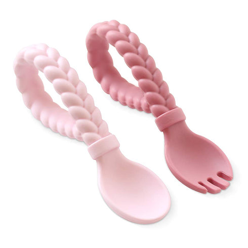 Itzy Ritzy Silicone Spoon & Fork Set; Baby Utensils Featuring a Baby Fork and Spoon with Looped, Braided Handles - Made of 100% Food Grade Silicon...