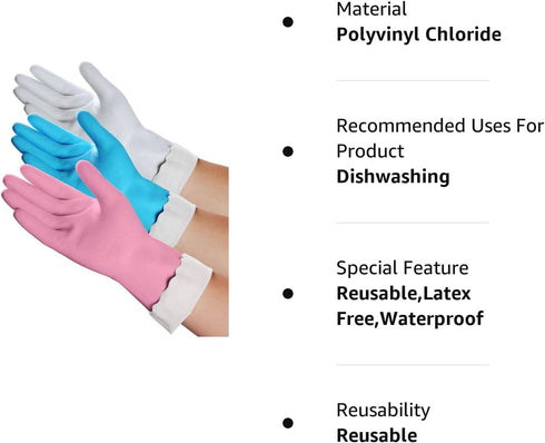 HSL Household Cleaning Gloves - Reusable Kitchen Dishwashing Gloves with Latex free, Cotton lining, Waterproof, Non-Slip (Medium, 3 Pairs)...