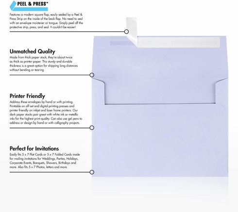 LUXPAPER A7 Invitation Envelopes for 5 x 7 Cards in 80 lb. Lilac, Printable Envelopes for Invitations, w/Peel and Press Seal, 50 Pack, Envelope Si...