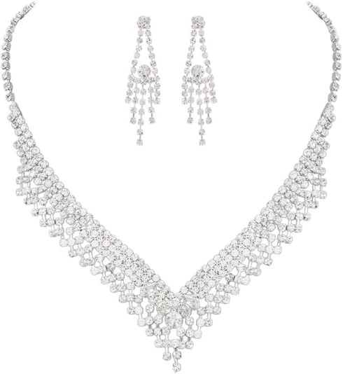 Unicra Silver Bride Wedding Jewelry Sets Crystal Bridal Necklace Earrings Set Rhinestone Costume Jewelry Set Prom Choker Necklace for Women and Br...