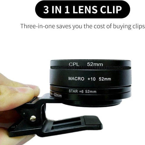 52mm Clip-on Phone Camera Lens Filter, 3 in 1 Phone Lens Filter Kit, CPL Lens + Macro Lens + Star Lens Universal Cellphone Lens Filter Compatible ...
