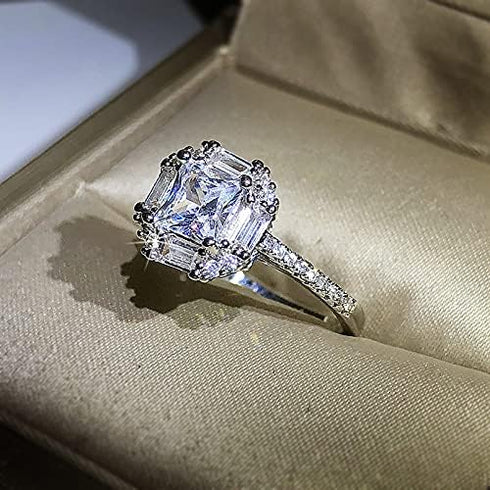 NZLJBSP S925 Sterling Silver Simulated Diamond Ring 18k Platinum Moissanite Four-Claw Princess Solitaire Ring Fashion Ultra Flash Diamond 4 Carat ...