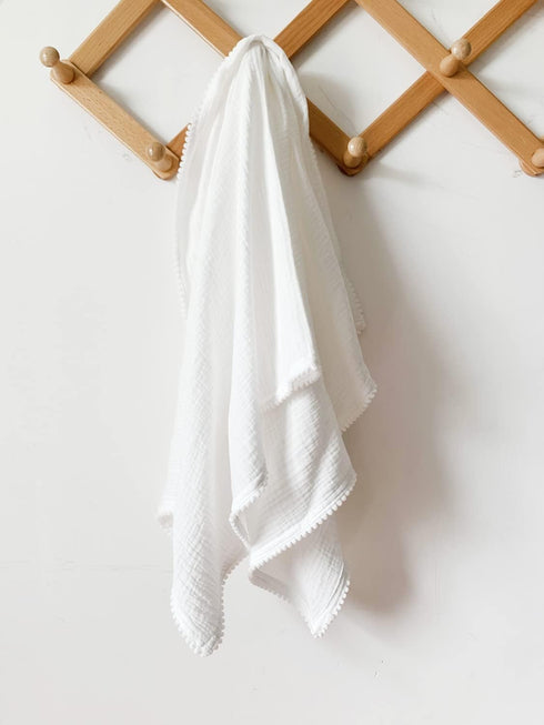 Cotton Muslin Pompom Baby Blanket,Summer Bed Sheet,Cotton Bath Towel Baby Receiving Blanket 29.5"x40" (White)...