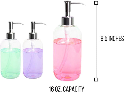 Clear Plastic Soap Dispenser Pump Bottles – 3 Pack, 16 Oz – Refillable Hand Soap Dispensers for Bathroom or Kitchen, BPA-Free Boston Round Pump Bo...