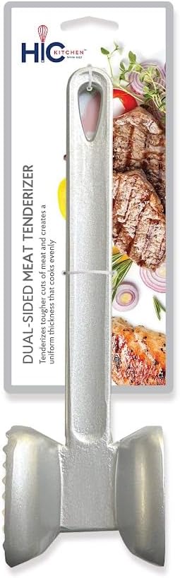 HIC Kitchen Non-Stick Dual-Sided Meat Tenderizer, Toothed and Plain Heads, Silicone-Coated...