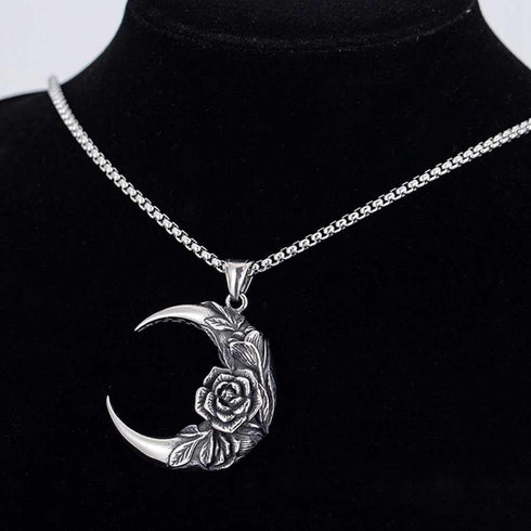 Jude Jewelers Stainless Steel Moon Crescent Shape Rose Flower Antique Vintage Cocktail Party Biker Pendant Necklace...
