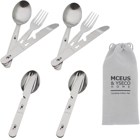 4-in-1 Camping Utensils Hiking Cutlery Set for 4, Portable Stainless Steel Flatware Spoon Fork, Knife & Bottle Opener Combo pack for Picnic Travel...