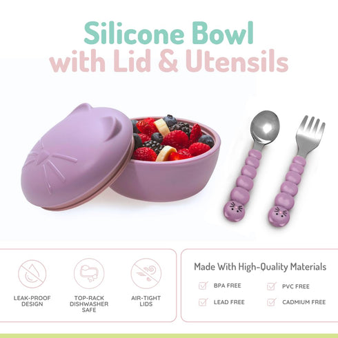 melii Silicone Bowl with Lid & Utensils – spoon and fork for Baby, Toddlers and Kids, BPA Free, Dishwasher & Microwave Safe (Cat)...