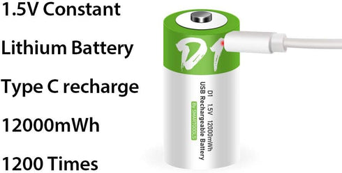 Rechargeable D Batteries 1.5V 12000mWh USB Lithium ion Rechargeable D Battery with USB Type C Charging Cable, High Capacity Fast Charge, 1200 Cycl...