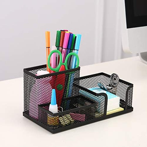 Metal Mesh Black Office Accessory Desk Organizer Tray Holder with 3 Compartments for Pens, Pencils...