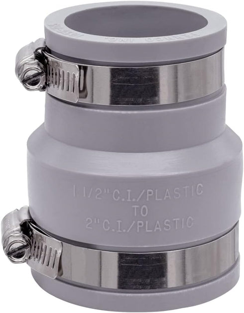 Fernco 1056-215 Reducing 2-in. x 1-1/2-in. Flexible PVC Pipe Coupling for Cast Iron and Plastic Plumbing Connections in Gray...