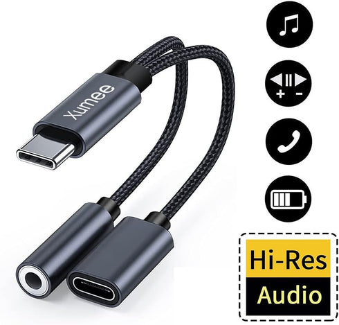 Xumee USB Type C to 3.5mm Headphone and charger adapter, 2-in-1 USB C to Aux Audio jack Hi-Res DAC and Fast Charging Dongle Cable Compatible with ...