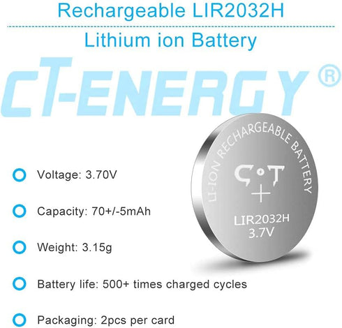 2 Pack 3.7V Lir2032H Rechargeable Coin Batteries for Key Fob,High Capacity 70mAh Lithium 2032 Rechargeable Button Cells Replace 3V Cr2032 Battery...