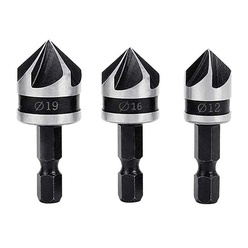 3Pcs Countersink Drill Bits 5 Flute 90 Degree Chamfering Countersink Drill Bit Set with 1/4'' Hex Shank Woodworking Chamfer Drilling Tool Carbon S...