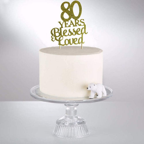 80 Years Blessed & Loved Cake Topper for 80th Birthday, Wedding Anniversary Party Decorations Gold Glitter...