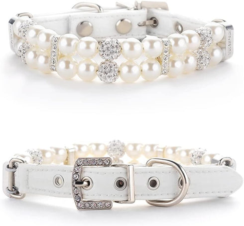 Dog Cat Pearl Collars with Crystal Rhinestone PU Leather Collars Necklace Adjustable CollarDog Chain Cat White Pearl Pet Collar (Medium, White)...