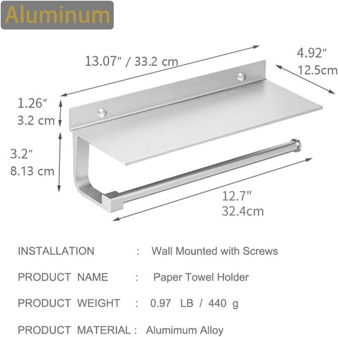 BESy Paper Towel Holder Wall Mounted for Kitchen 13 Inch, Bathroom Tissue Roll Hanger with Mobile Phone Storage Shelf,Space Aluminum, Wall Mount w...