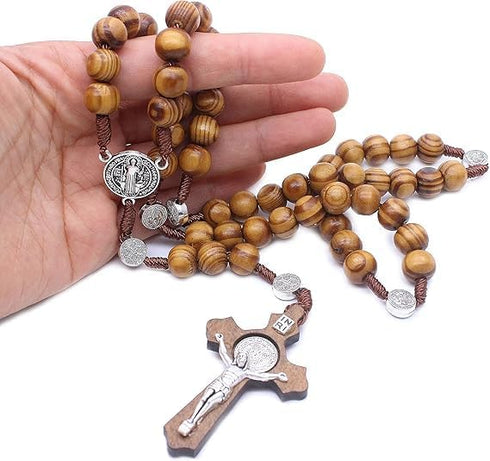 Nazareth Store Wood Beads Rosary Necklace Saint Benedict Medal & Catholic Cross Religious Prayer Chaplet String Handmade - Velvet Bag...