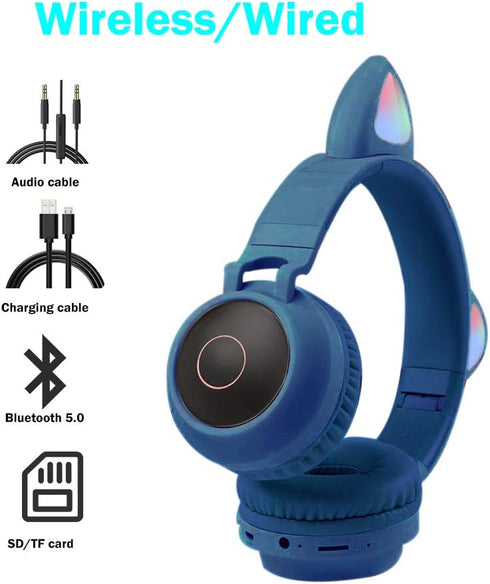 Kids Bluetooth Headphones,Wireless Over-Ear Headphones with Microphone,Cat Ear Headset with SD and TF Slot,Stereo Sound,Wireless and Wired Mode fo...