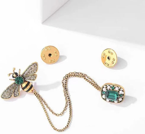 Vintage Honey Bee Brooch Pins for Women Men CZ Crystal Lapel Pin Badge Hanging Tassel Chains Collar Brooches Pin Shirt Collar Pins Hat Scarf Tie P...