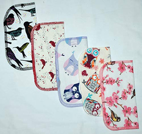 Gina's Soft Cloth Shop 1 Ply Owls & Birds Fun Flannel Washable Kids Lunchbox Napkins 8x8 inches 5 Pack - Little Wipes (R) Flannel- Proudly Made in...