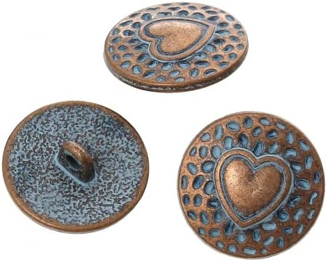 KARMELLING 10PC Metal Sewing Shank Buttons, Antiqued Copper Heart Carved Spray Painted Blue Round Button 18mm(6/8")...