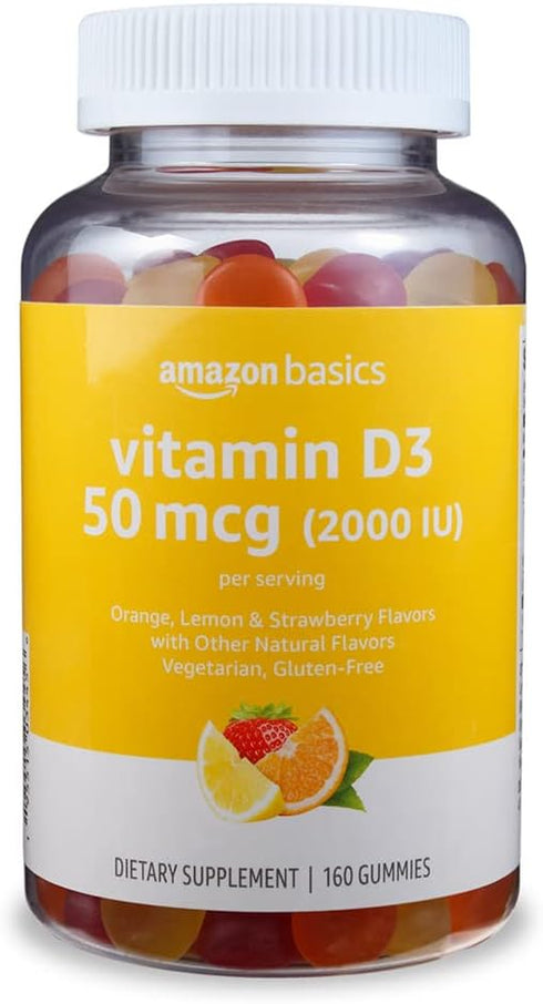 Amazon Basics Vitamin D3 2000 IU Gummies, Orange, Lemon & Strawberry, 160 Count (2 per Serving) (Previously Solimo)...