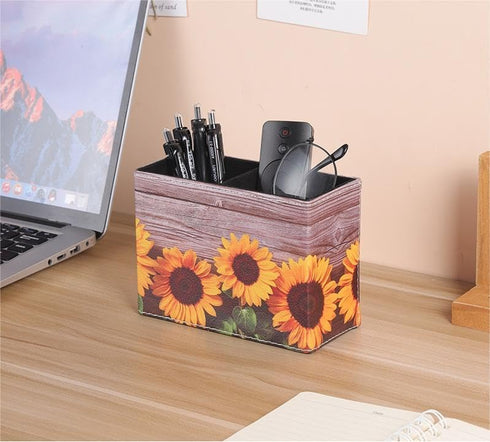 Sunflower Pen Holder Pencil Holder for Desk,2 Compartments PU Leather Desktop Pen Cup Storage Makeup Brush Holder for Office, School, Home, and Wo...