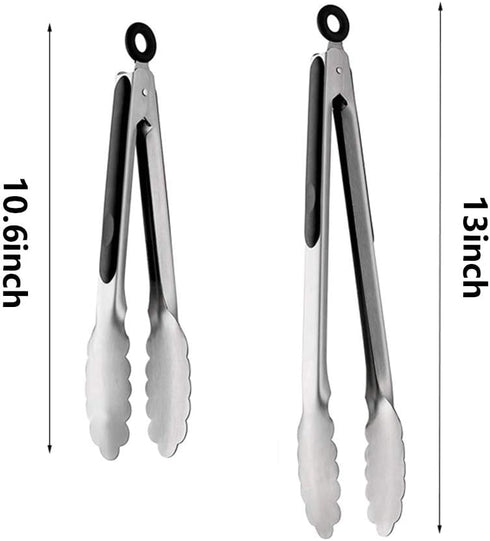 ALLTOP Metal Cooking Tongs,Stainless Steel Food Tong with No-slip Silicon and Locking Ring for Kitchen - 9 &12 inch,Set of 2-Black...