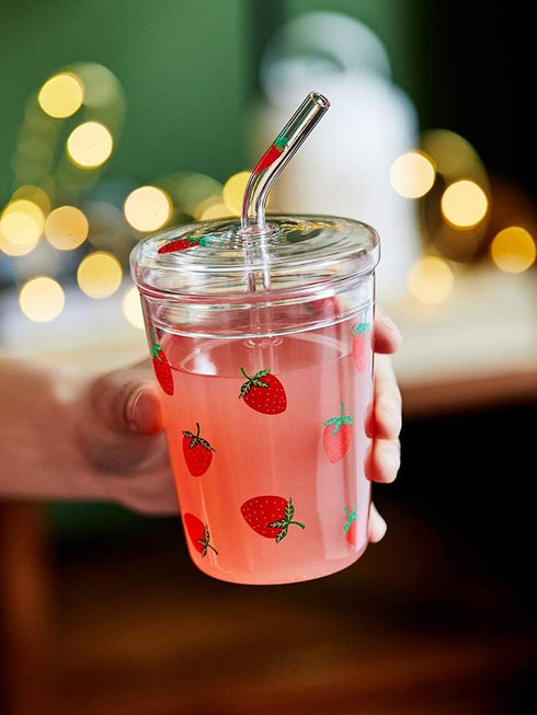 10 Oz Lovely Strawberry Clear Glass Tumbler with Lid and Straw....