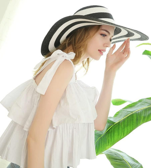 Womens Sun Straw Hat Wide Brim Sun Hat Sun Protection Straw Hat UV Foldable Roll Up Floppy Beach Cap Black and White...