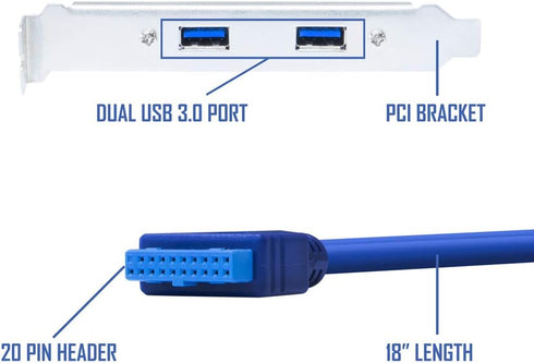 Kingwin USB 3.0 PCI Bracket Cable with Dual Ports, 20-Pin to USB 3.0 Adapter for Motherboard, 5Gbps High-Speed Data Transfer, for Desktop PC, Back...