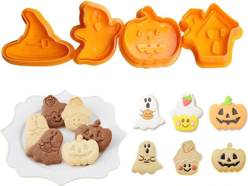 4 Pcs Halloween Theme Plunger Biscuit Mold Cutter Plastic Cookie Cutter Biscuit Stamp Mould Fondant Tool Set...