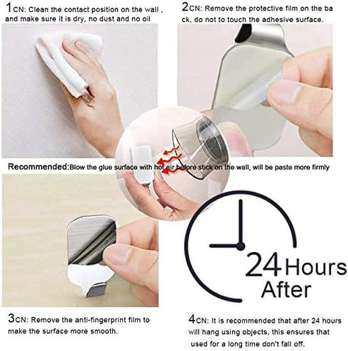 Self Adhesive Hook Stick on Wall 304 Stainless Steel Polished Hanging Clothes Coat Hat Hooks and Strong Heavy Duty Metal Super Power Hooks Storage...