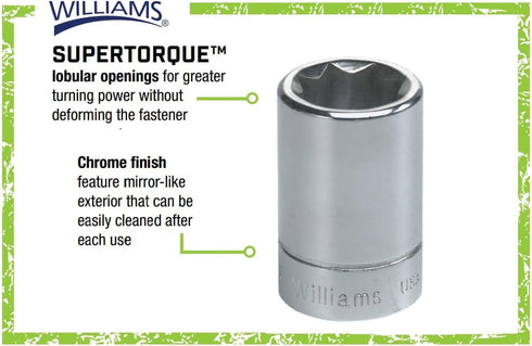 Williams JHWBD-816 SuperTorque 3/8-Inch Drive Shallow 8 Point 1/2-Inch Socket with Lobular Openings, Chrome Finish...