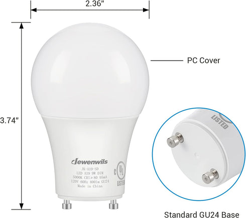 DEWENWILS GU24 LED Light Bulb, 60W Equivalent, Dimmable 2 Prong Light Bulbs, 5000K Daylight White, 9W 800 Lumens, A19 Shape Bulbs, GU24 Twist Lock...