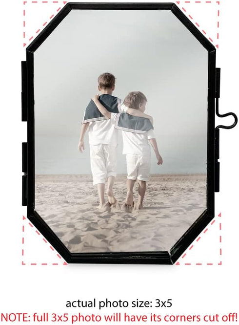 Isaac Jacobs 3.5x5 Vintage Style Octagon Brass & Glass, Metal Floating Picture Frame with Locket Closure (Vertical), Tabletop Display, (Fits up to...