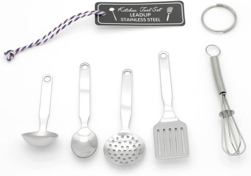 Mini Stainless Steel Kitchen Tool Set with Keychain(3.5"),Set of 5,Includes Whisk, Spatula, Spoon, Skimmer,Soup ladle...