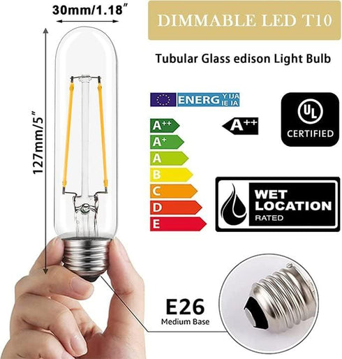 5 Inch T10 Tubular LED Light Bulbs,4000K Daylight Vintage E26 Edison Bulbs Dimmable,4W Equal 40 watt,400LM,UL-Certified Antique Glass Filament Bul...