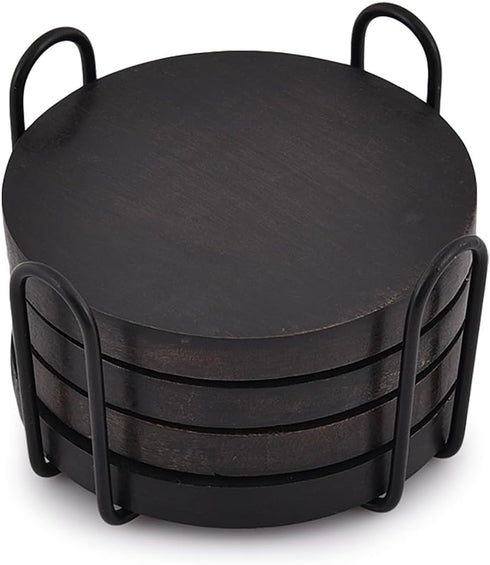 Acacia Wood Black Coaster Set of 4 with Iron Holder Coffee Table Décor Tabletop Protection Décor (Coaster Size - 4" x 4" x 0.5", Holder Sze - 4.5"...