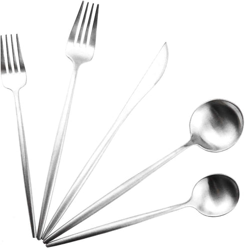 Silver Flatware, Royal 5 Piece Luxury Matte Finish 18/10 Stainless Steel Tableware Sets for 1 Including Forks Spoons Knives, Camping Silverware Tr...