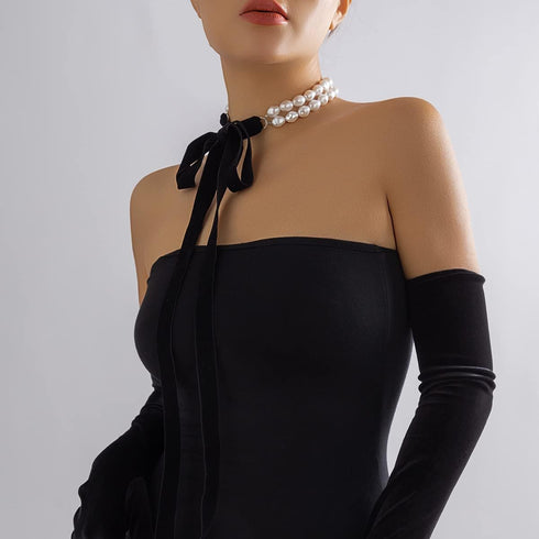 Baroque Pearl Bowknot Choker Necklace Boho Half Pearl Beaded Collar Neck Chain Black Bow Tie Long Ribbon Neck Tie Vintage Bridal Party Neck Jewelr...