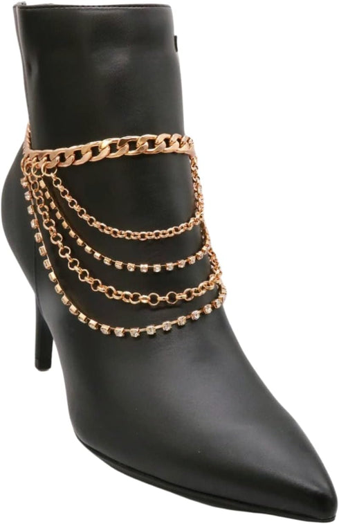 Women Western Fashion Anklet Boot Chain Bracelet Gold Metal Shoe Back Side Wave Multi Strand Charm...