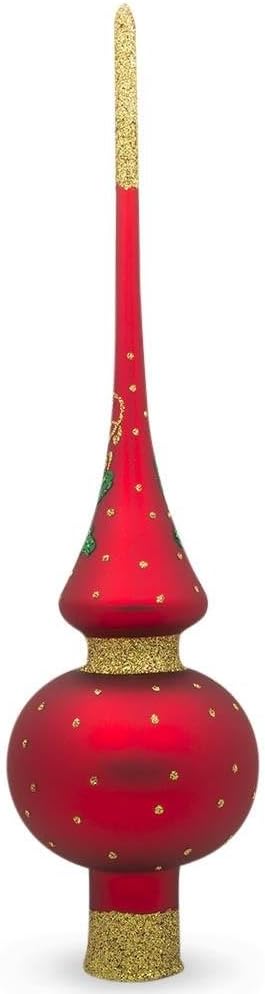 Santa and Mistletoe on Red Mouth Blown Glass Christmas Tree Topper 11 Inches...