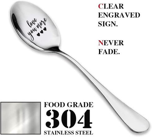 TyM Love you more forever Engraved Stainless Steel spoon for coffee tea cereal ice cream - Engraved gift for him / her - 7 inch Sturdy handle and ...
