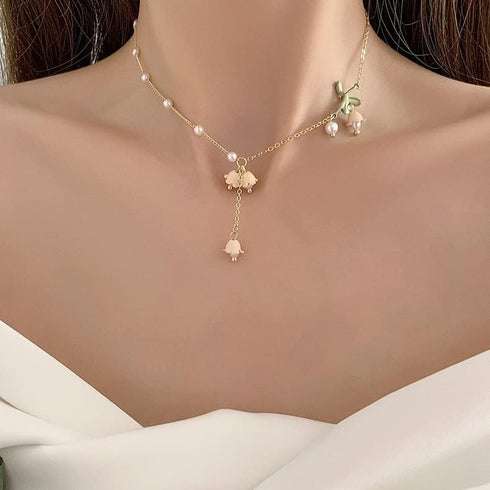 Lily of the Valley Necklace May Birth Flower Jewelry Green Paint Leaves and Freshwater Pearl Lily Necklace Gift for Women Mom Friends Bride Weding...