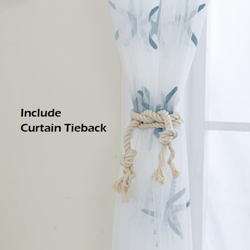 Embroidered Teal Starfish Sheer Curtains for Living Room 84 inches Long Rod Pocket Retro Voile Window Curtains Drapes for Bedroom 52 x 84 Inch 1 P...