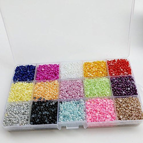 Chenkou Craft 18000pcs Assorted 15 Colors Half Flatback Imitation Pearl Bead 3mm Gem Scrapbook Craft DIY Beads + Plastic Box...